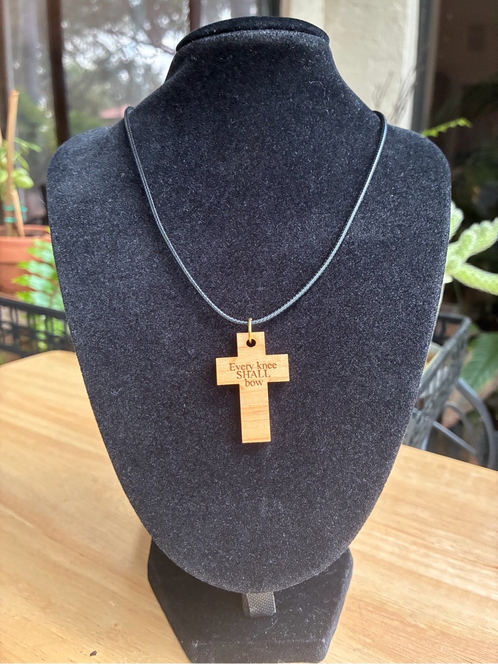 Handcrafted Brown Wooden Cross Necklace with 'Every Knee Shall Bow' Engraving